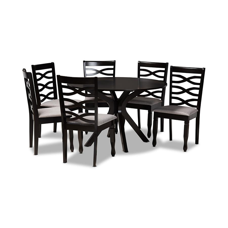 Grey Fabric Upholstered and Dark Brown Finished Wood 7-Piece Dining Set. Picture 1