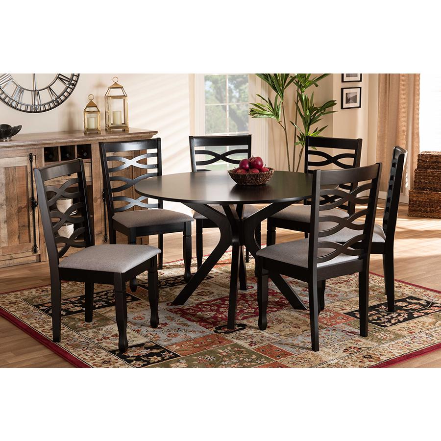 Grey Fabric Upholstered and Dark Brown Finished Wood 7-Piece Dining Set. Picture 7