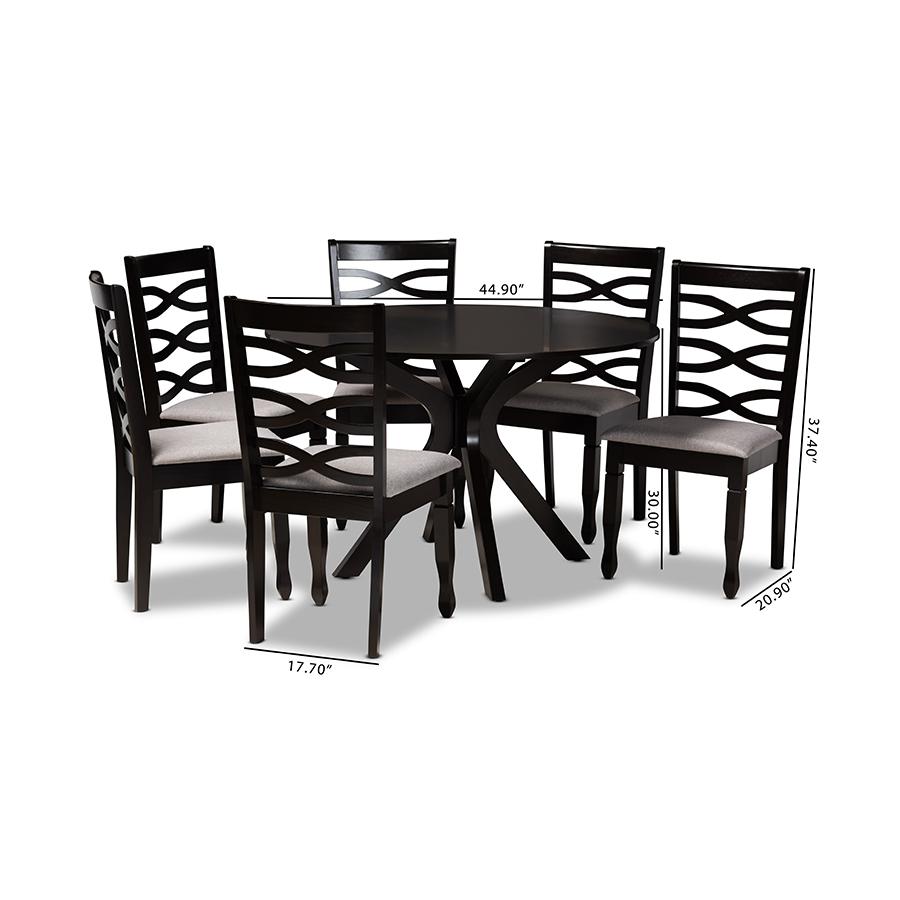 Grey Fabric Upholstered and Dark Brown Finished Wood 7-Piece Dining Set. Picture 9