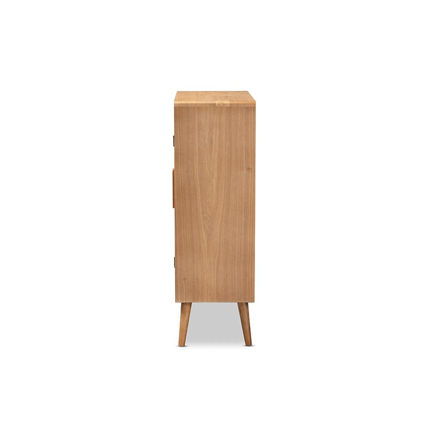 Medium Oak Finished Wood and Rattan 2-Door Accent Storage Cabinet. Picture 4