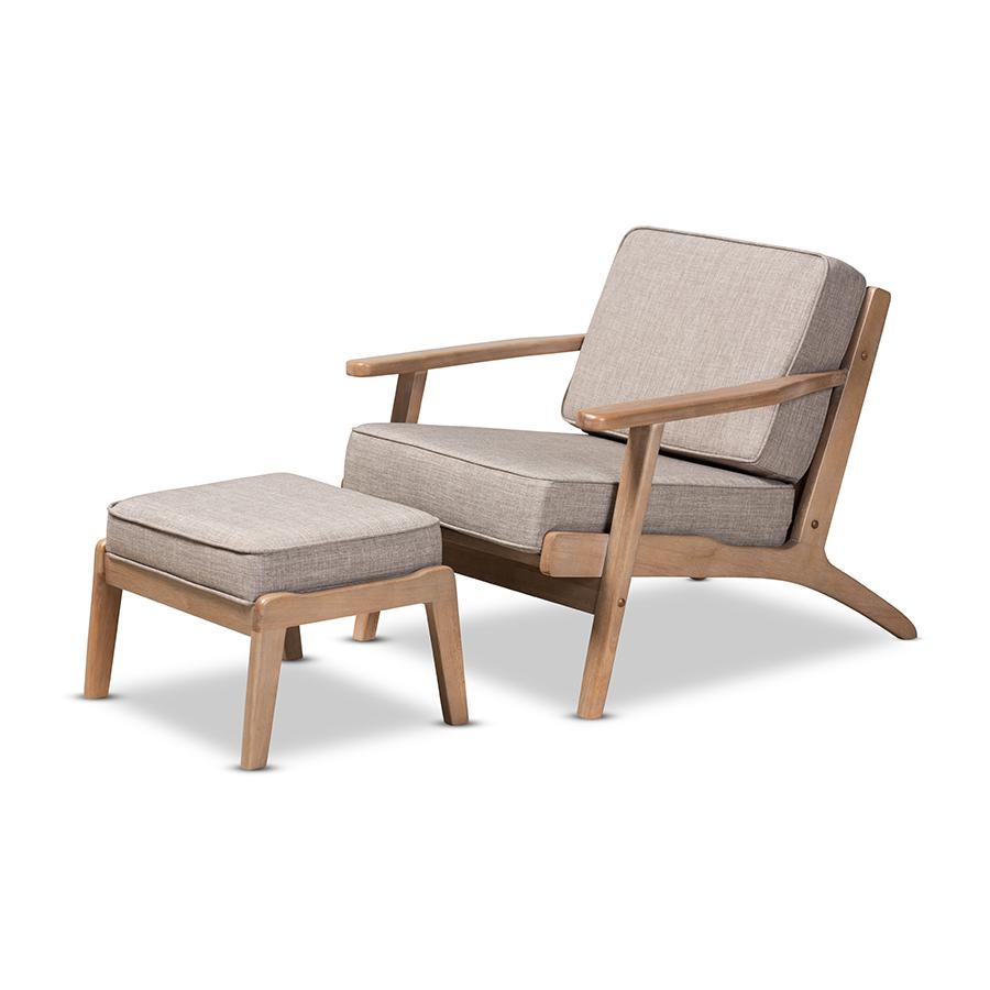 Sigrid Mid-Century Modern Light Grey Fabric Upholstered Antique Oak Finished 2-Piece Wood Armchair and Ottoman Set. Picture 1