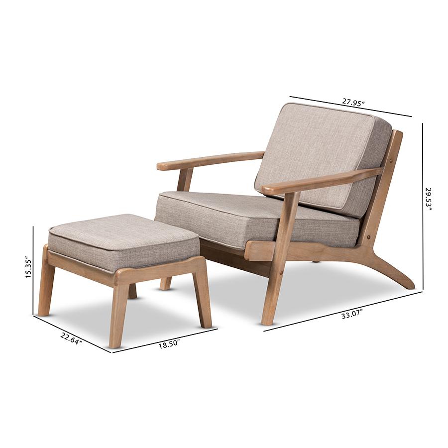 Sigrid Mid-Century Modern Light Grey Fabric Upholstered Antique Oak Finished 2-Piece Wood Armchair and Ottoman Set. Picture 11