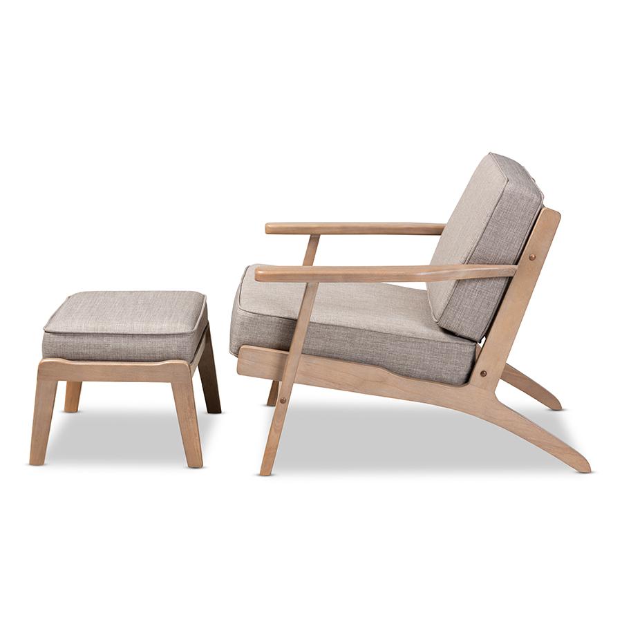 Sigrid Mid-Century Modern Light Grey Fabric Upholstered Antique Oak Finished 2-Piece Wood Armchair and Ottoman Set. Picture 2