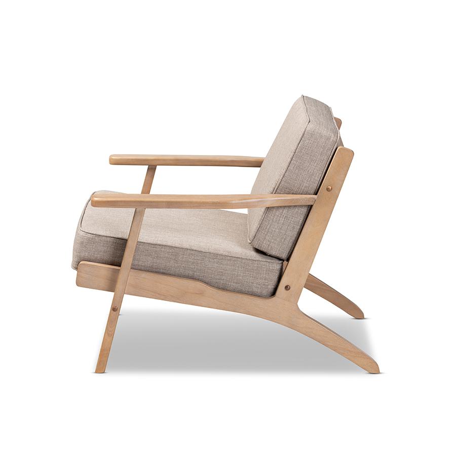 Sigrid Mid-Century Modern Light Grey Fabric Upholstered Antique Oak Finished Wood Armchair. Picture 3