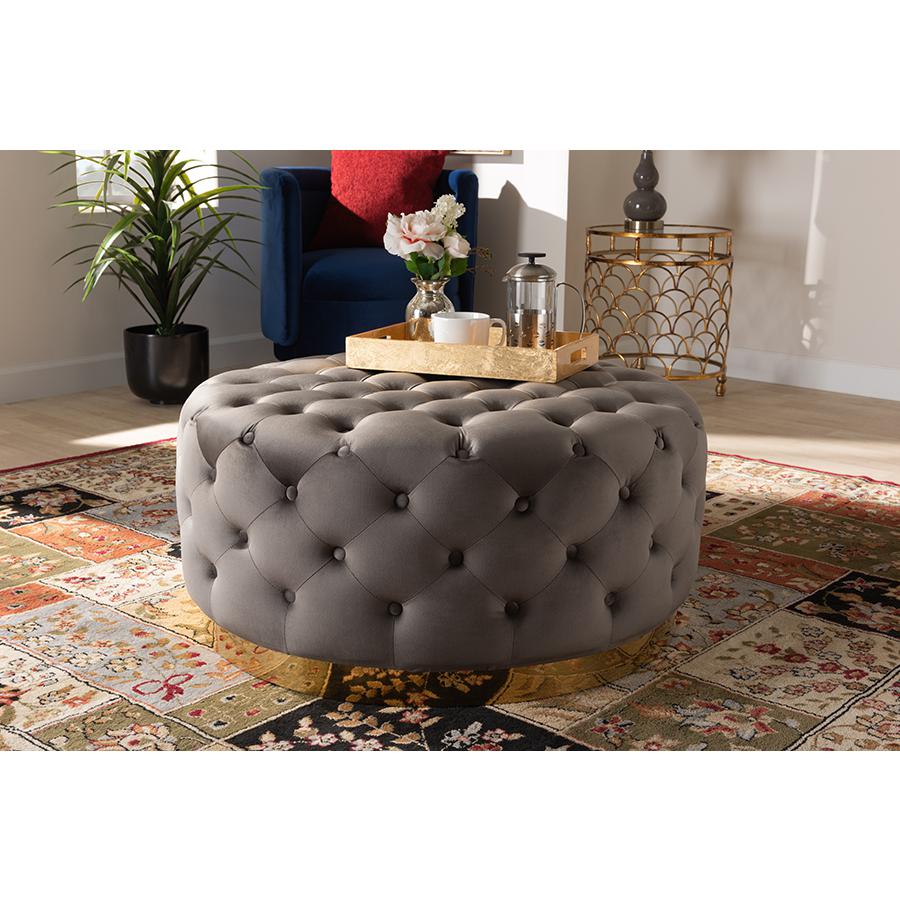 Baxton Studio Sasha Glam and Luxe Grey Velvet Fabric Upholstered Gold Finished Round Cocktail Ottoman. Picture 4