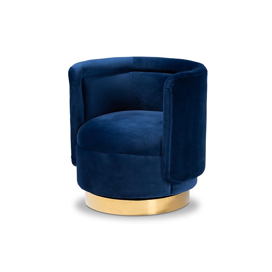Luxe Royal Blue Velvet Fabric Upholstered Gold Finished Swivel Accent Chair. Picture 1
