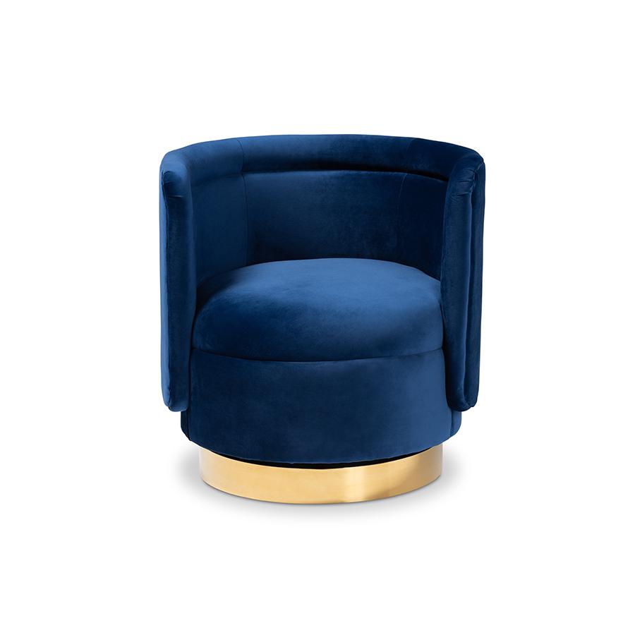 Luxe Royal Blue Velvet Fabric Upholstered Gold Finished Swivel Accent Chair. Picture 2