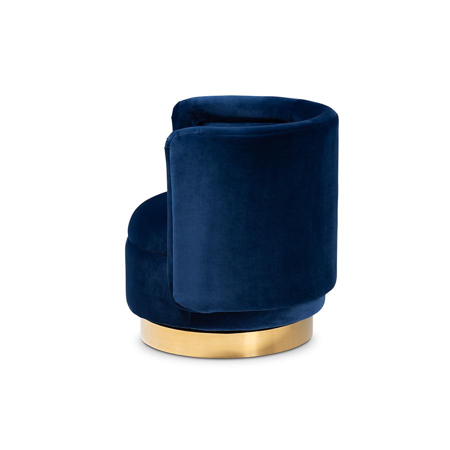 Luxe Royal Blue Velvet Fabric Upholstered Gold Finished Swivel Accent Chair. Picture 3
