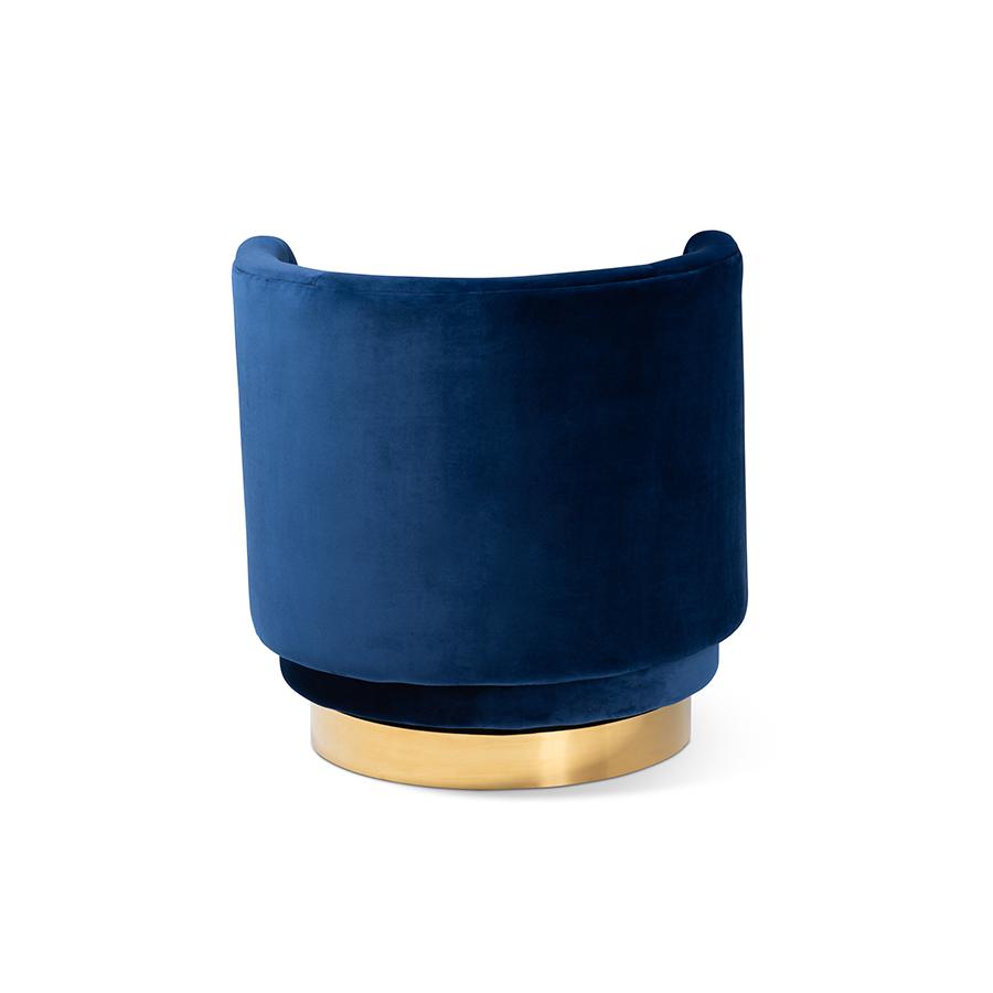 Luxe Royal Blue Velvet Fabric Upholstered Gold Finished Swivel Accent Chair. Picture 4