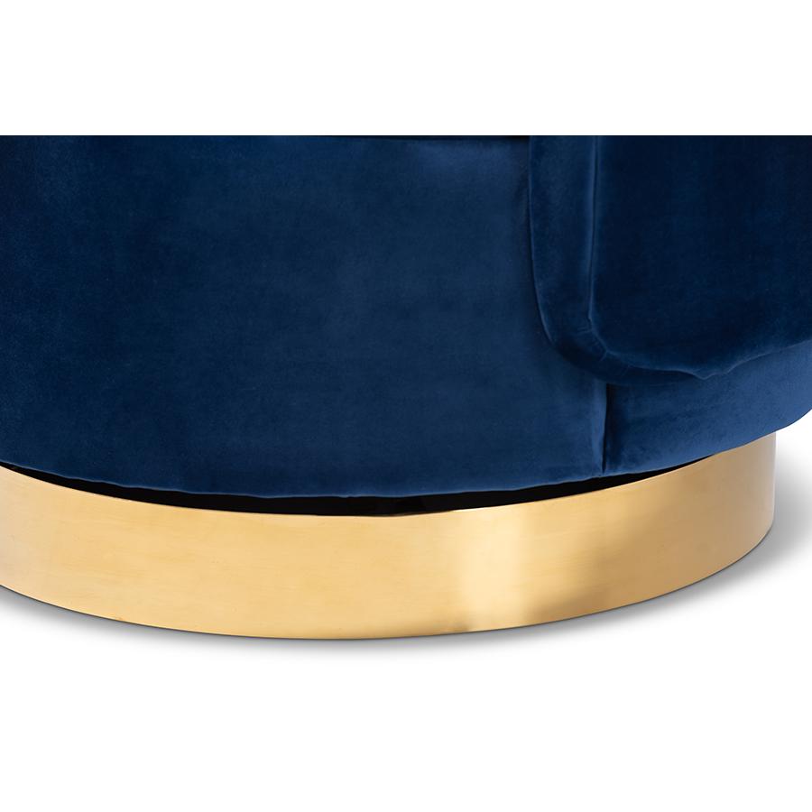 Luxe Royal Blue Velvet Fabric Upholstered Gold Finished Swivel Accent Chair. Picture 5