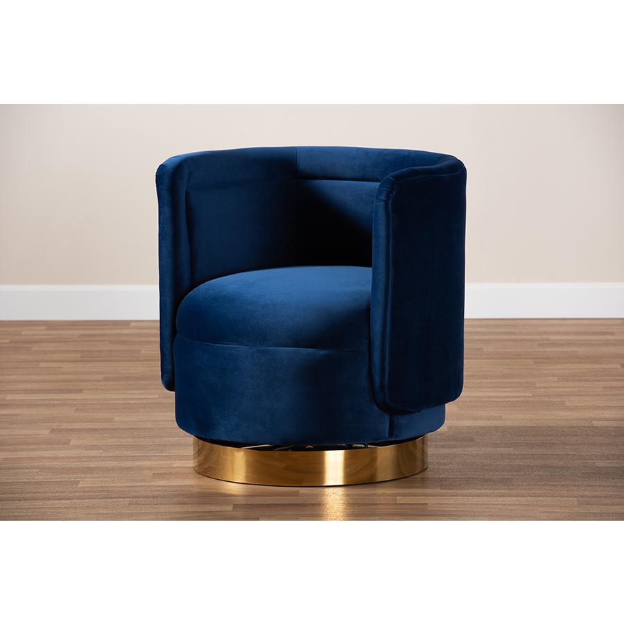 Luxe Royal Blue Velvet Fabric Upholstered Gold Finished Swivel Accent Chair. Picture 7