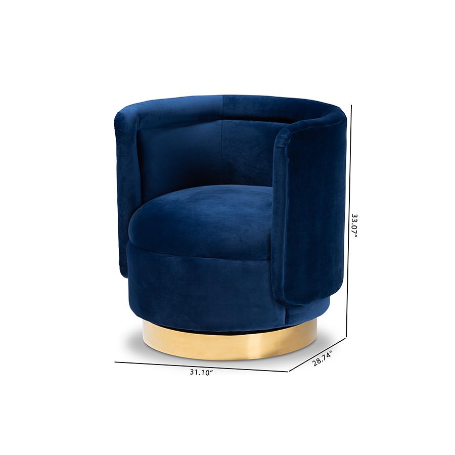 Luxe Royal Blue Velvet Fabric Upholstered Gold Finished Swivel Accent Chair. Picture 8