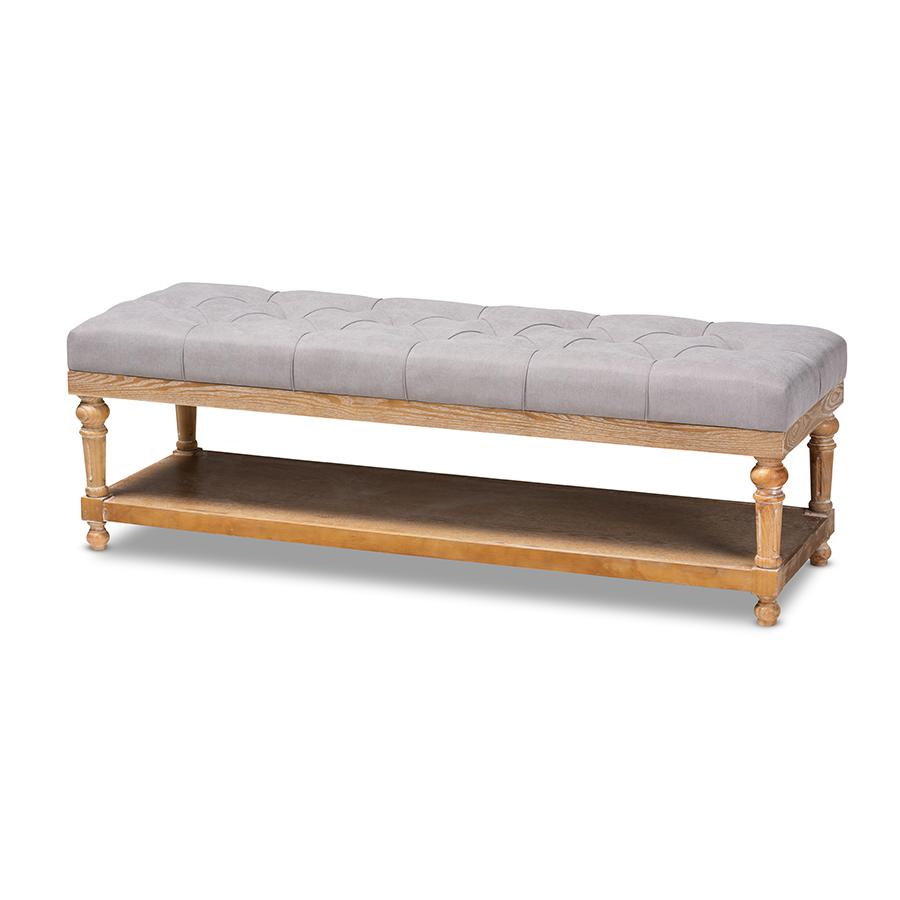 and Rustic Grey Linen Fabric Upholstered and Greywashed Wood Storage Bench. Picture 1