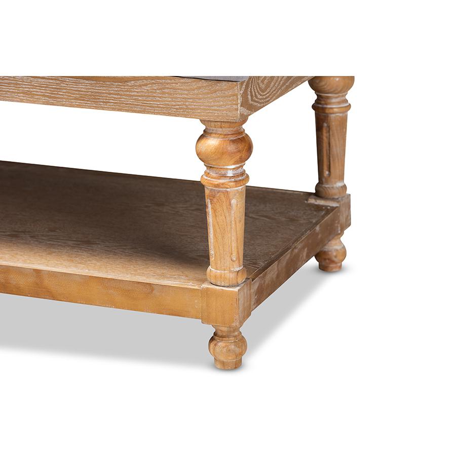 and Rustic Grey Linen Fabric Upholstered and Greywashed Wood Storage Bench. Picture 5