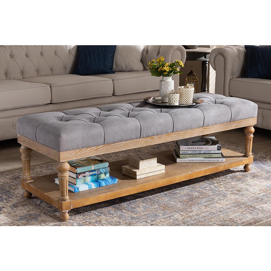 and Rustic Grey Linen Fabric Upholstered and Greywashed Wood Storage Bench. Picture 6