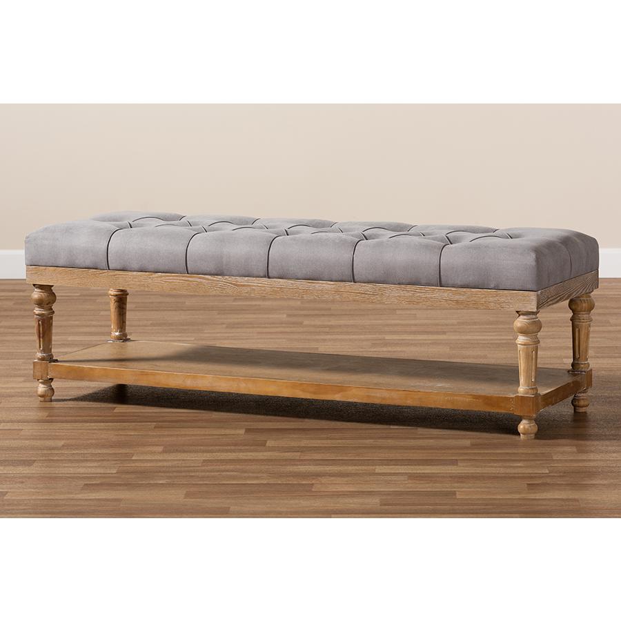 and Rustic Grey Linen Fabric Upholstered and Greywashed Wood Storage Bench. Picture 7