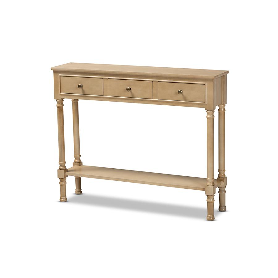 Farmhouse Oak Brown Finished Wood 3-Drawer Entryway Console Table. Picture 1