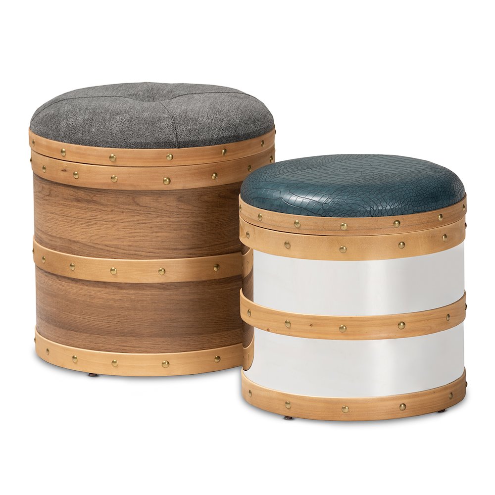 Modern Grey Fabric and Alligator Faux Leather 2-Piece Storage Ottoman Set. Picture 1