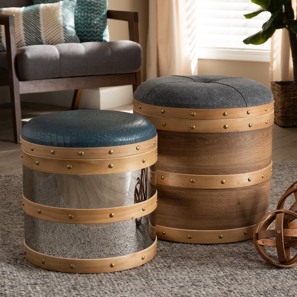 Modern Grey Fabric and Alligator Faux Leather 2-Piece Storage Ottoman Set. Picture 4