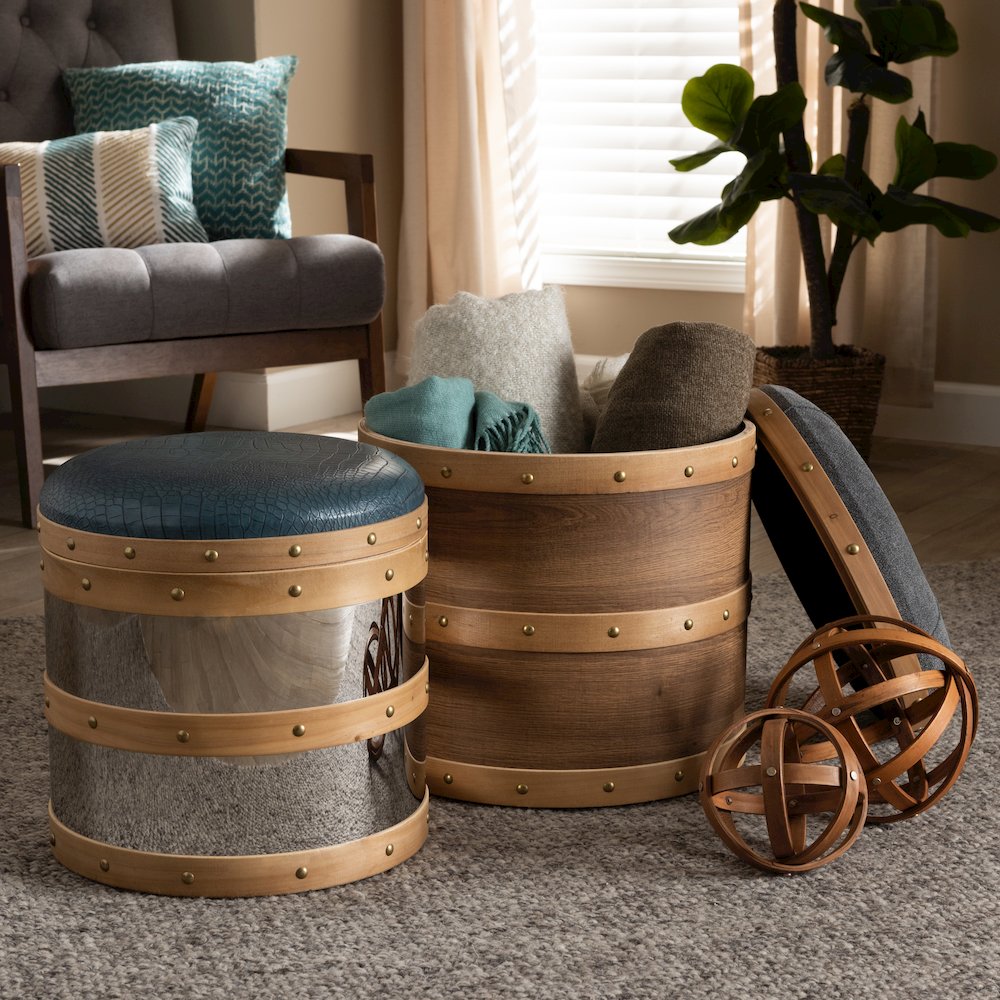 Modern Grey Fabric and Alligator Faux Leather 2-Piece Storage Ottoman Set. Picture 5