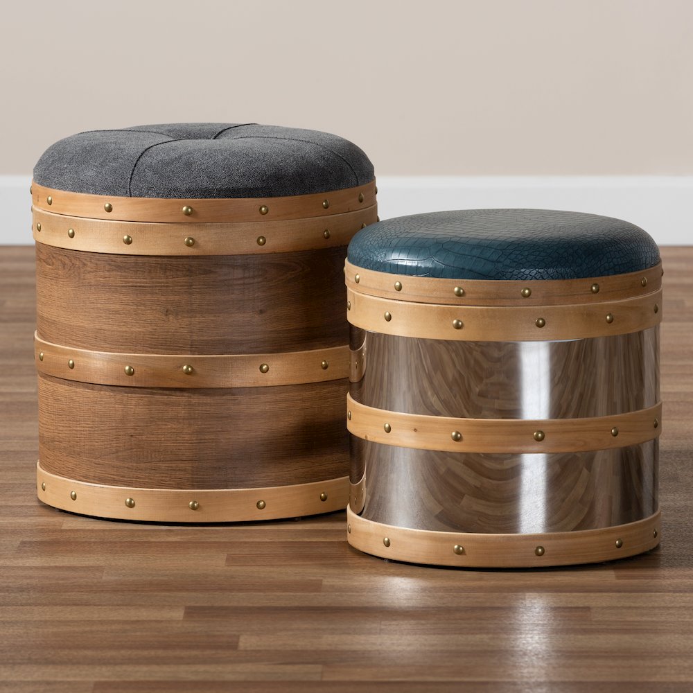 Modern Grey Fabric and Alligator Faux Leather 2-Piece Storage Ottoman Set. Picture 6
