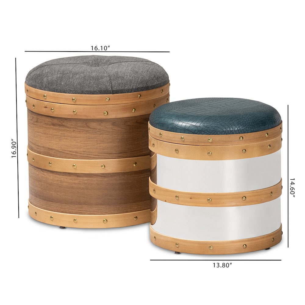 Modern Grey Fabric and Alligator Faux Leather 2-Piece Storage Ottoman Set. Picture 7