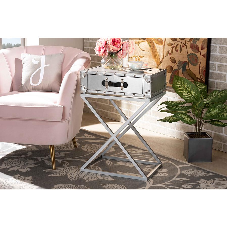 William Modern French Industrial Silver Metal 1-Drawer Nightstand. Picture 8