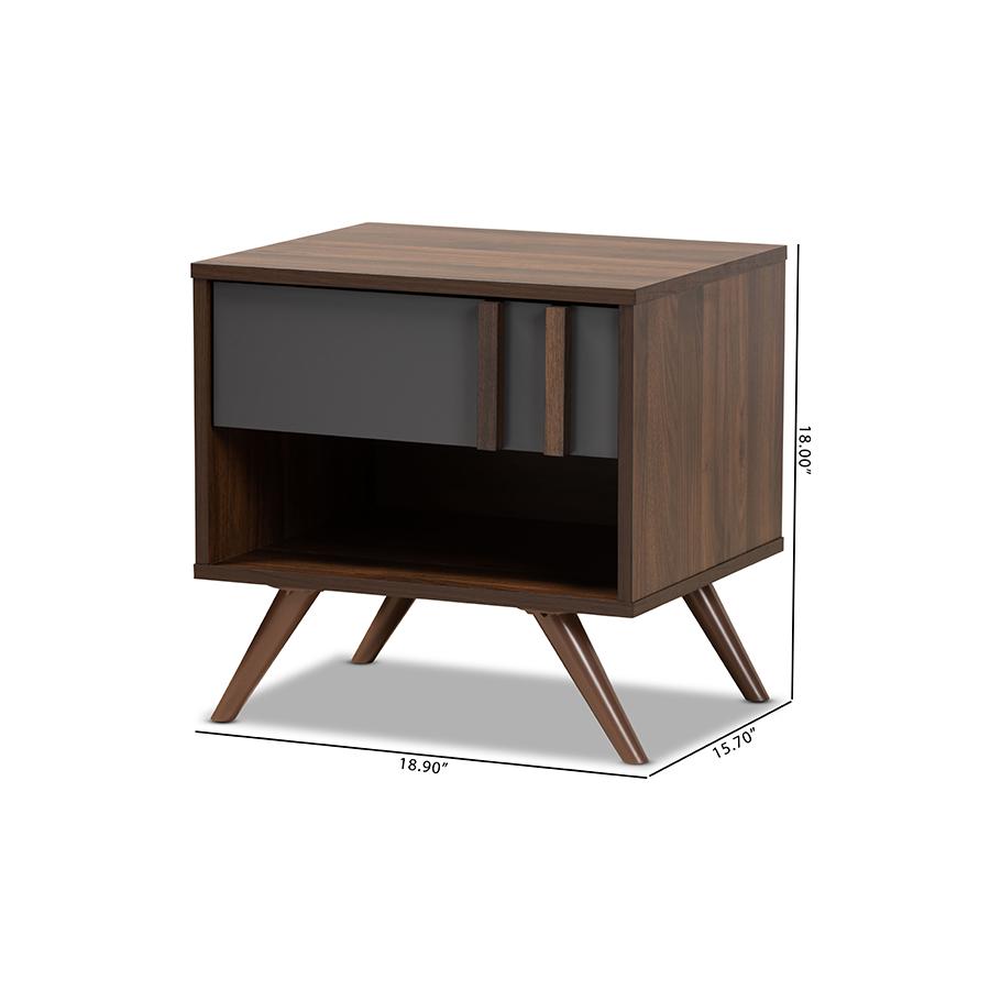 Two-Tone Grey and Walnut Finished Wood 1-Drawer Nightstand. Picture 9