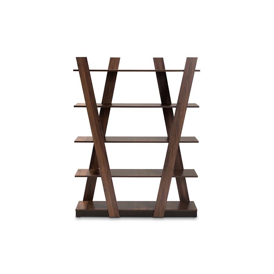 Walnut Brown Finished 5-Tier Wood Geometric Living Room Display Shelf. Picture 2