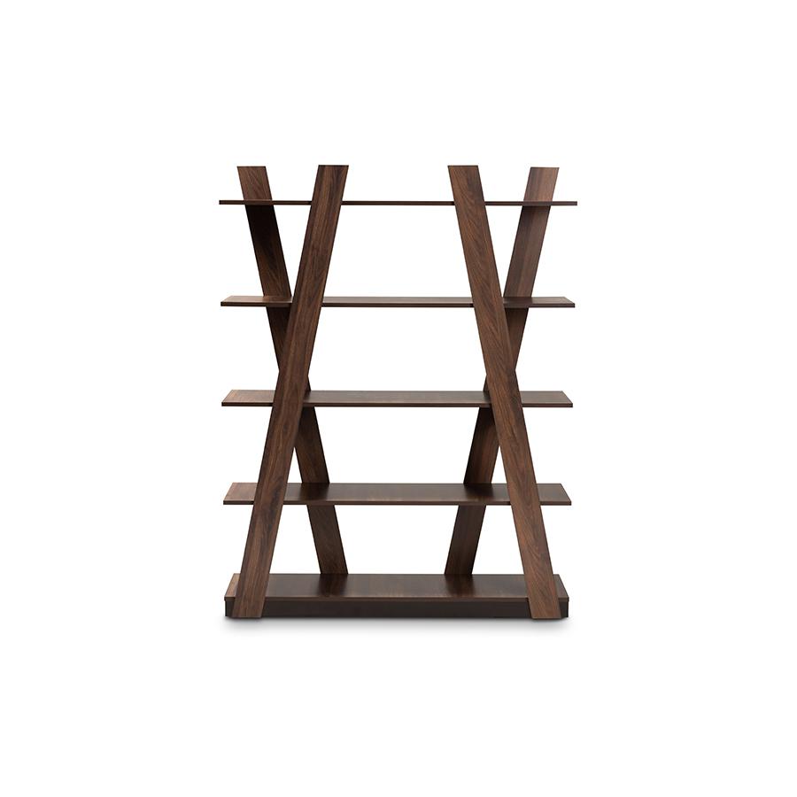 Walnut Brown Finished 5-Tier Wood Geometric Living Room Display Shelf. Picture 4