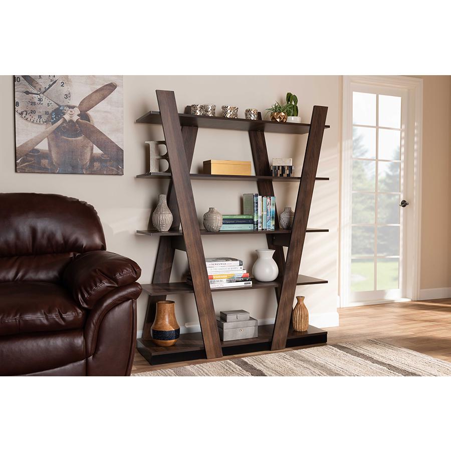 Walnut Brown Finished 5-Tier Wood Geometric Living Room Display Shelf. Picture 6