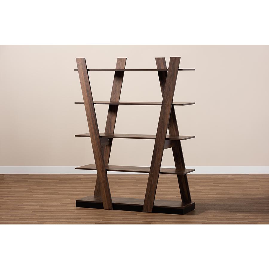 Walnut Brown Finished 5-Tier Wood Geometric Living Room Display Shelf. Picture 7