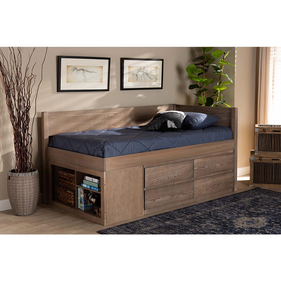 Antique Oak Finished Wood 4-Drawer Twin Size Storage Bed. Picture 8