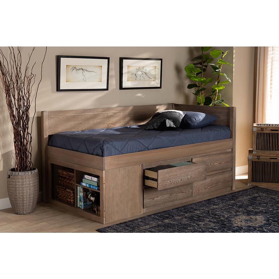 Antique Oak Finished Wood 4-Drawer Twin Size Storage Bed. Picture 9