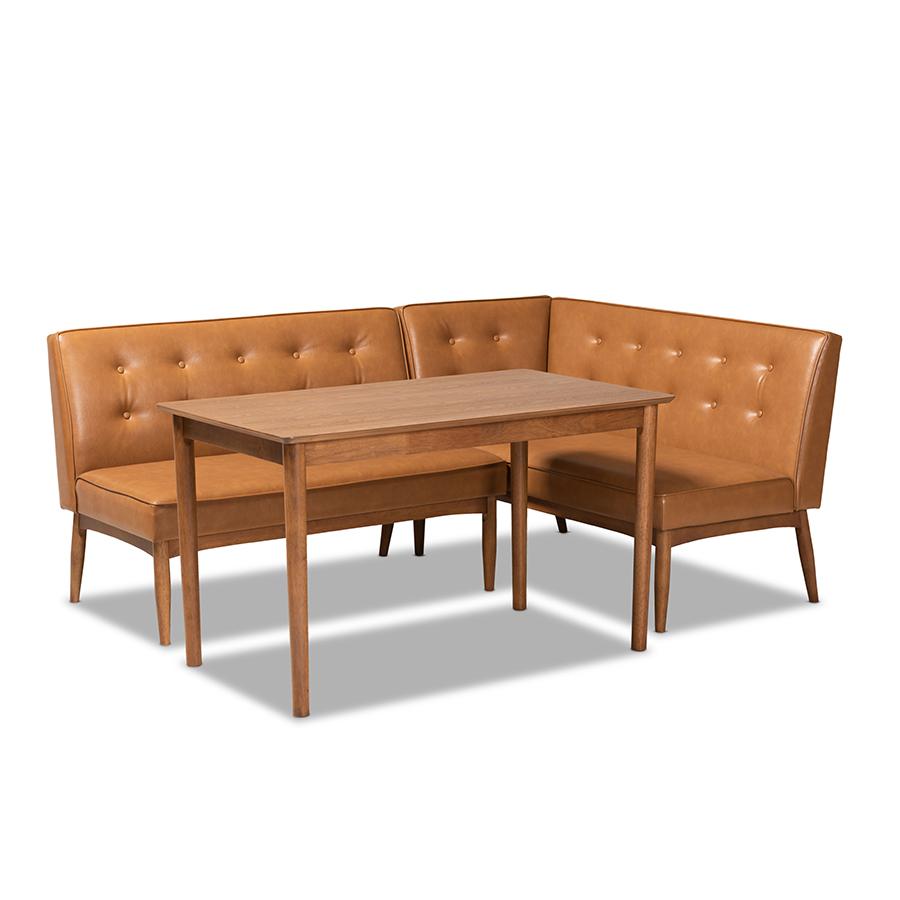 Modern Upholstered and Walnut Brown Finished Wood 3-Piece Dining Nook Set. Picture 1