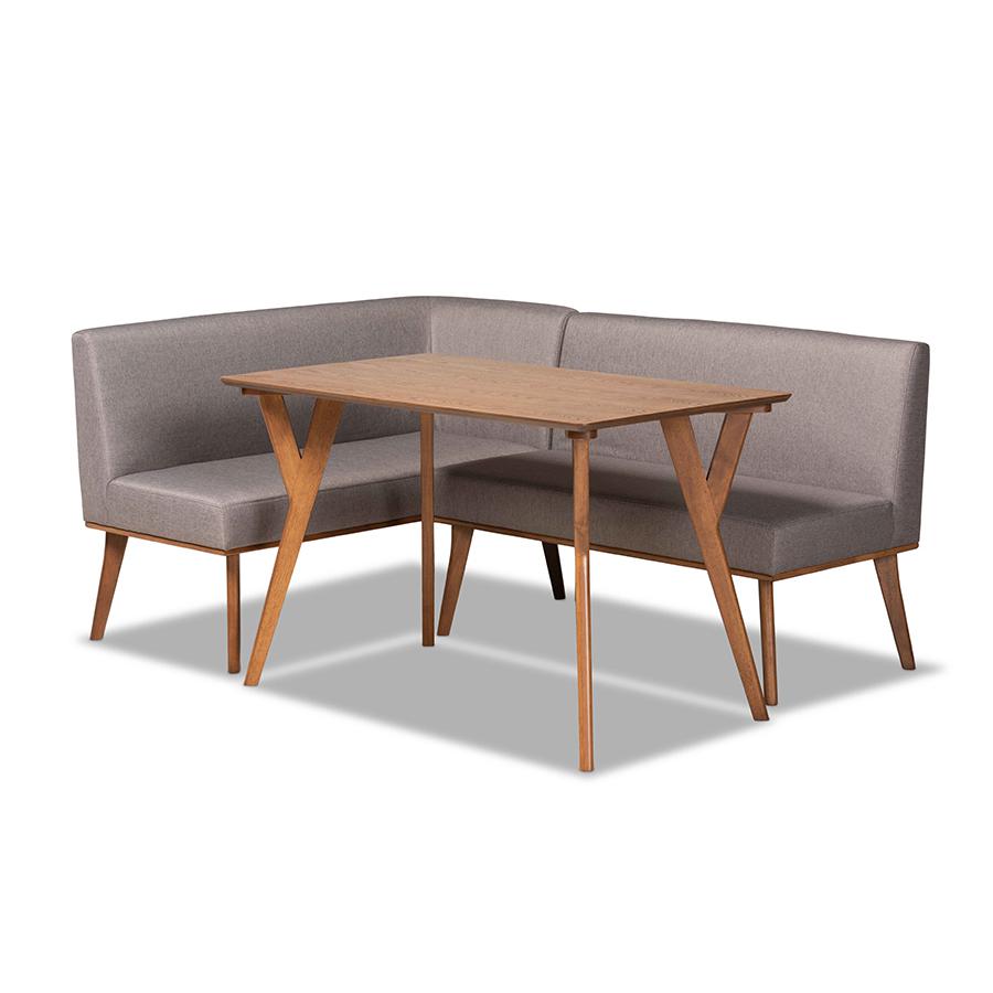 Grey Fabric Upholstered and Walnut Brown Finished Wood 3-Piece Dining Nook Set. Picture 1