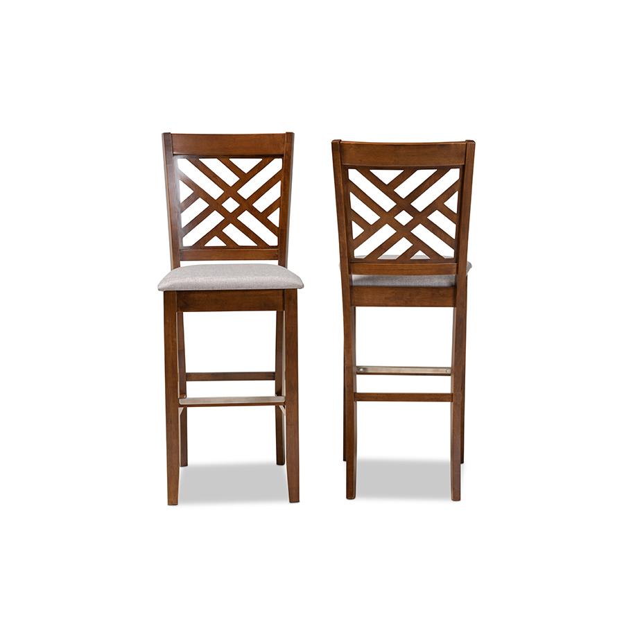 Grey Fabric Upholstered and Walnut Brown Finished Wood 2-Piece Bar Stool Set. Picture 2