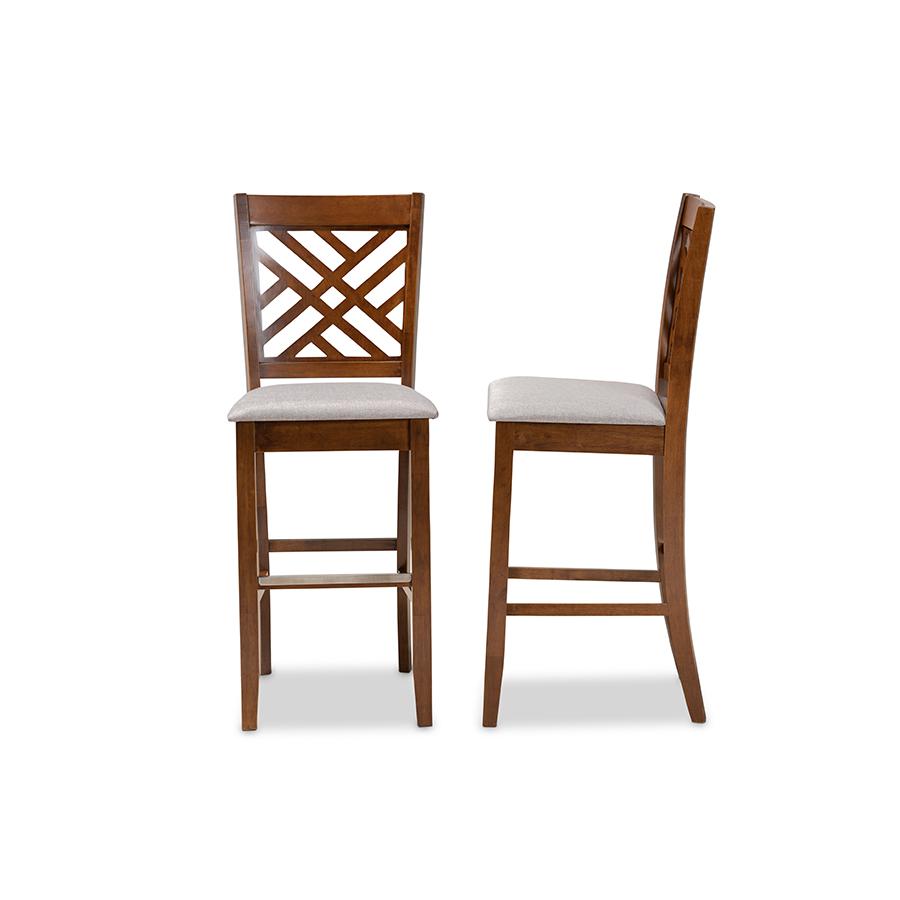 Grey Fabric Upholstered and Walnut Brown Finished Wood 2-Piece Bar Stool Set. Picture 3
