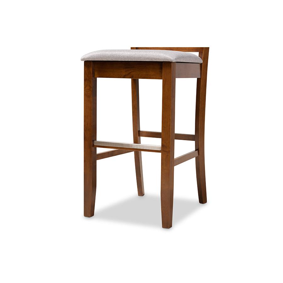 Grey Fabric Upholstered and Walnut Brown Finished Wood 2-Piece Bar Stool Set. Picture 6