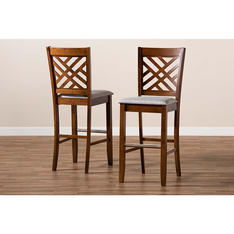 Grey Fabric Upholstered and Walnut Brown Finished Wood 2-Piece Bar Stool Set. Picture 8
