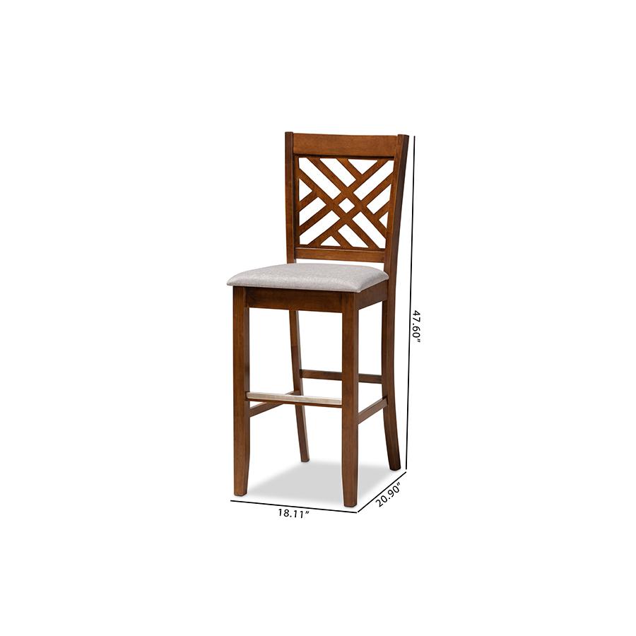 Grey Fabric Upholstered and Walnut Brown Finished Wood 2-Piece Bar Stool Set. Picture 9