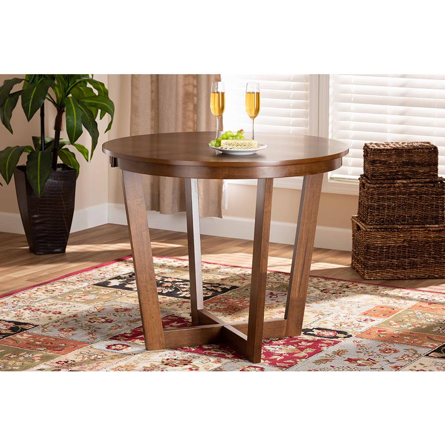 Walnut Brown Finished 35-Inch-Wide Round Wood Dining Table. Picture 5
