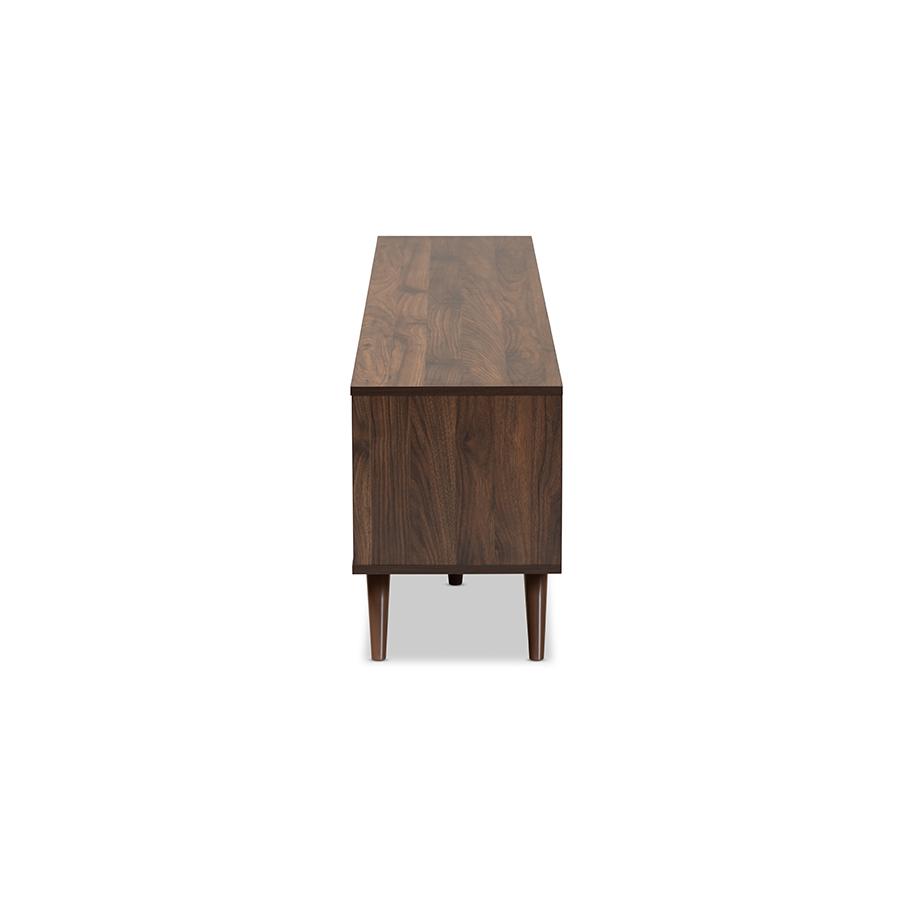 Two-Tone Grey and Walnut Finished Wood TV Stand with Drop-Down Compartments. Picture 4