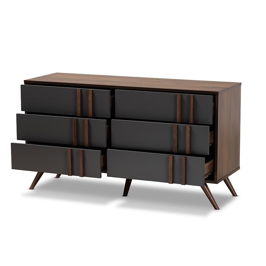Two-Tone Grey and Walnut Finished Wood 6-Drawer Bedroom Dresser. Picture 2