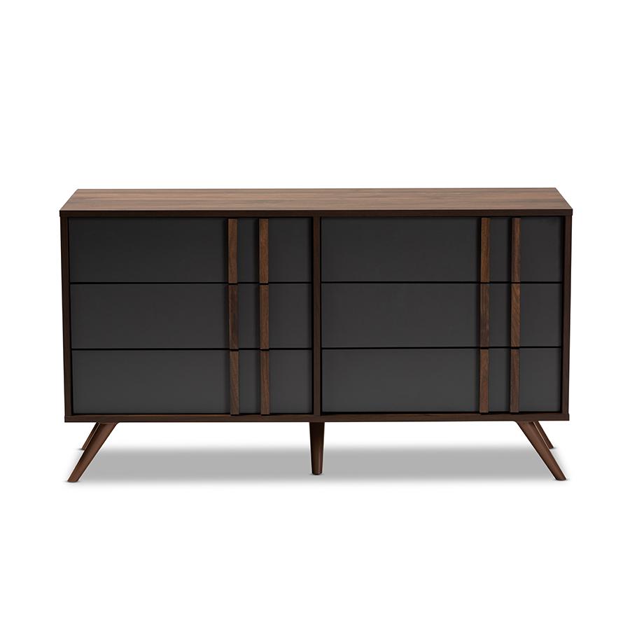 Two-Tone Grey and Walnut Finished Wood 6-Drawer Bedroom Dresser. Picture 3