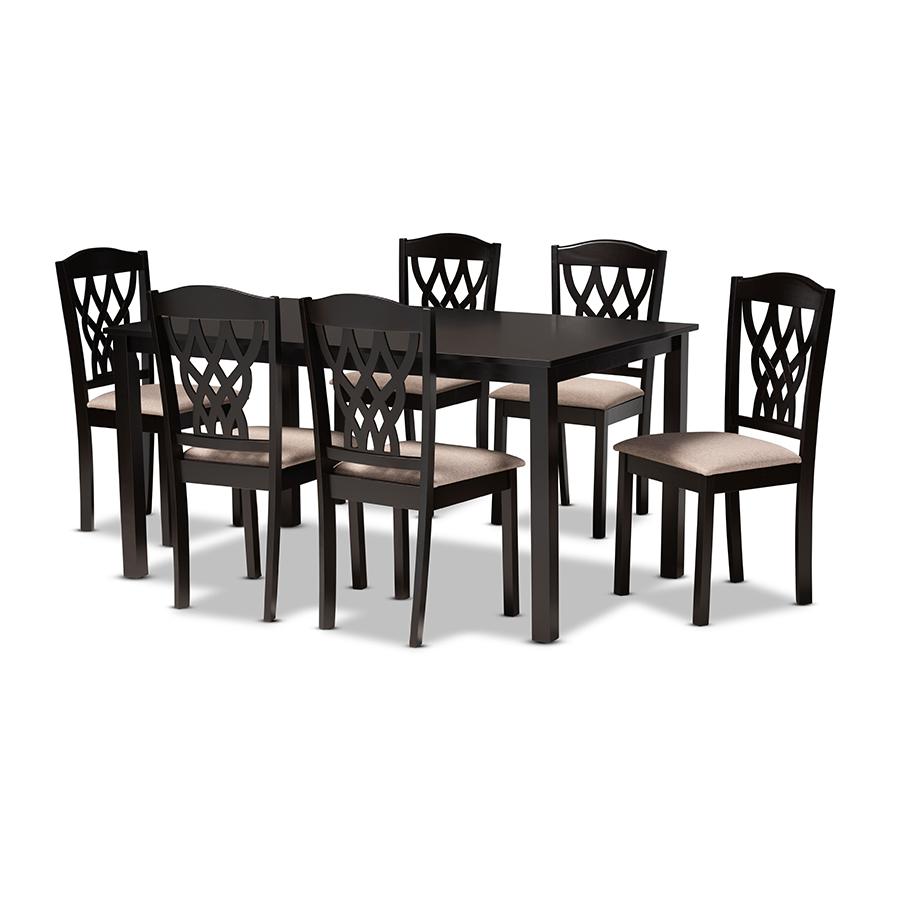 Sand Fabric Upholstered and Dark Brown Finished Wood 7-Piece Dining Set. Picture 1