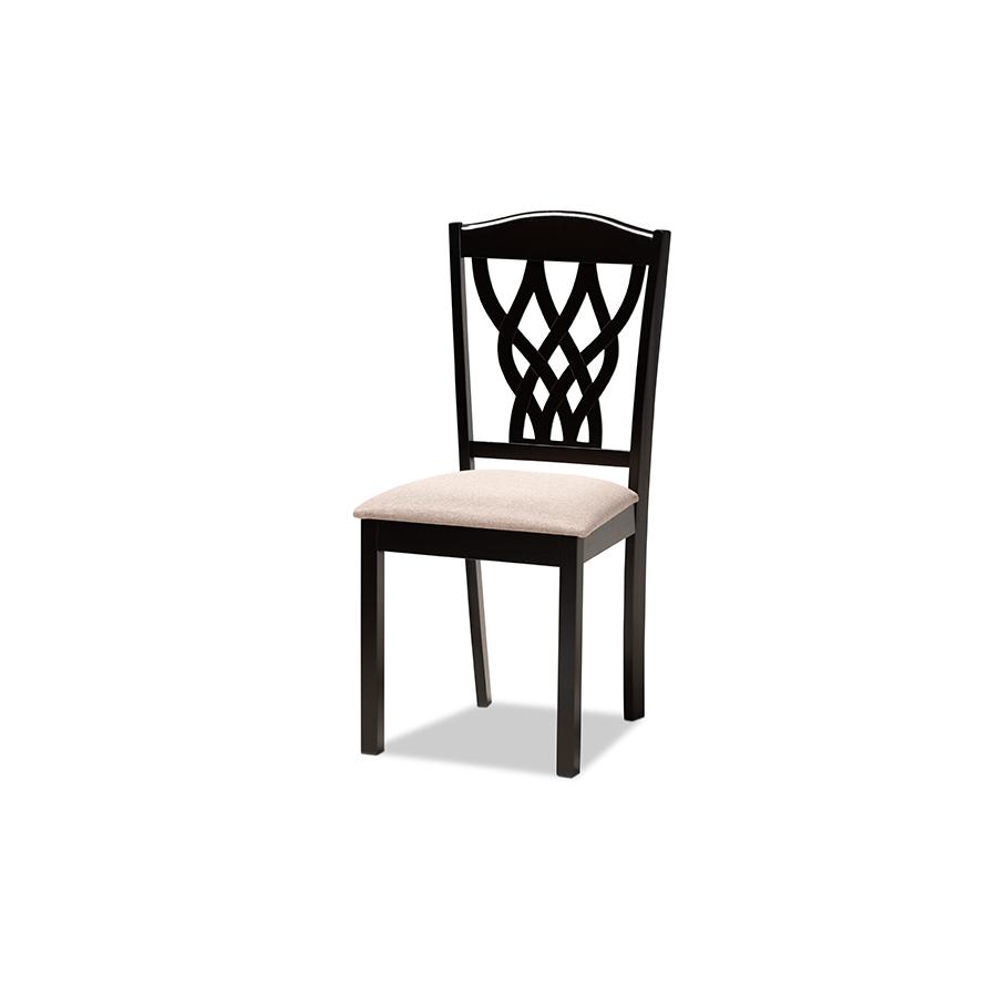 Sand Fabric Upholstered and Dark Brown Finished Wood 7-Piece Dining Set. Picture 2