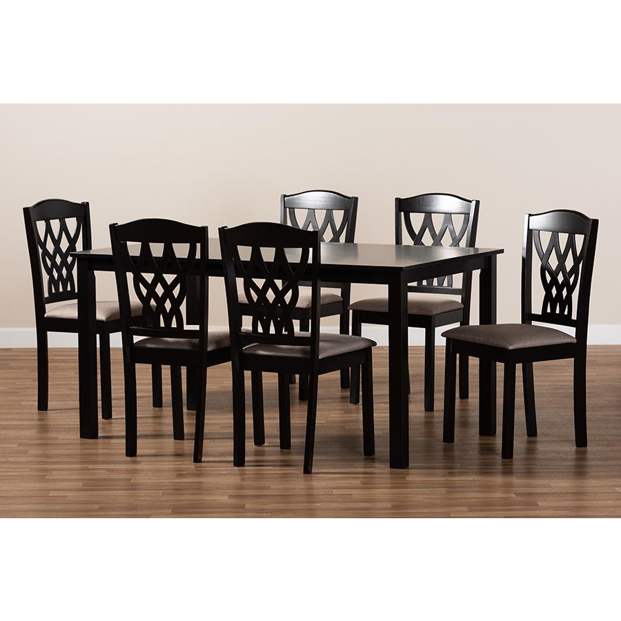 Sand Fabric Upholstered and Dark Brown Finished Wood 7-Piece Dining Set. Picture 7