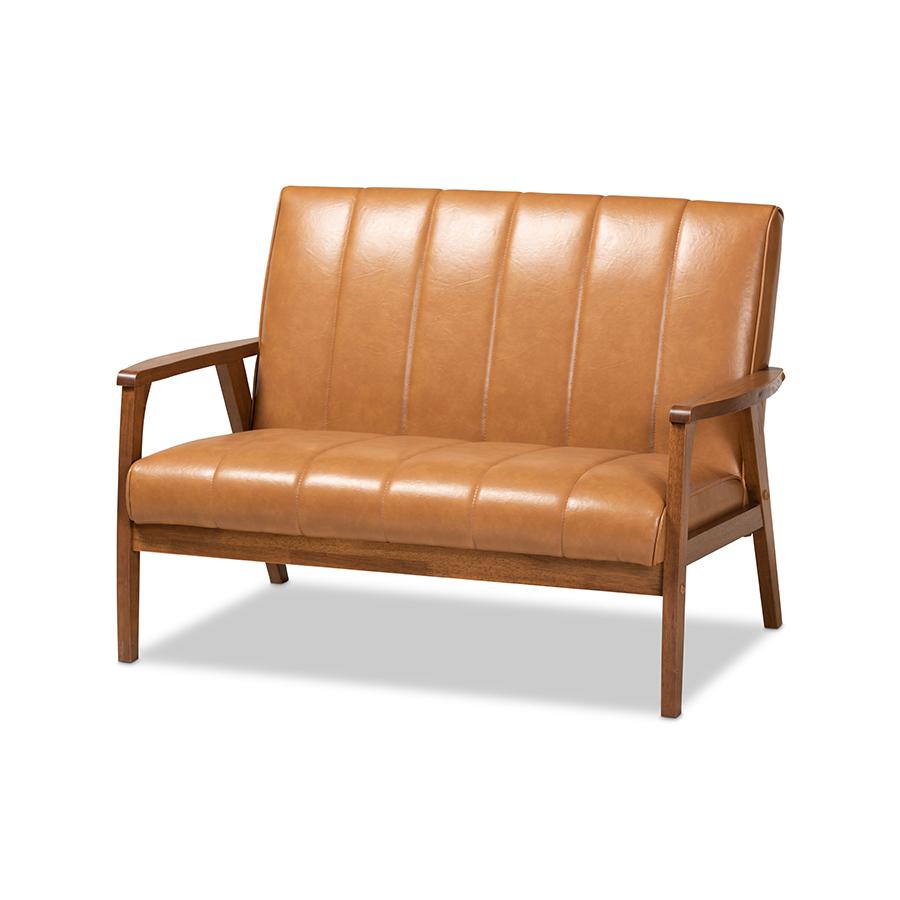 Leather Upholstered and Walnut Brown finished Wood Loveseat. Picture 1