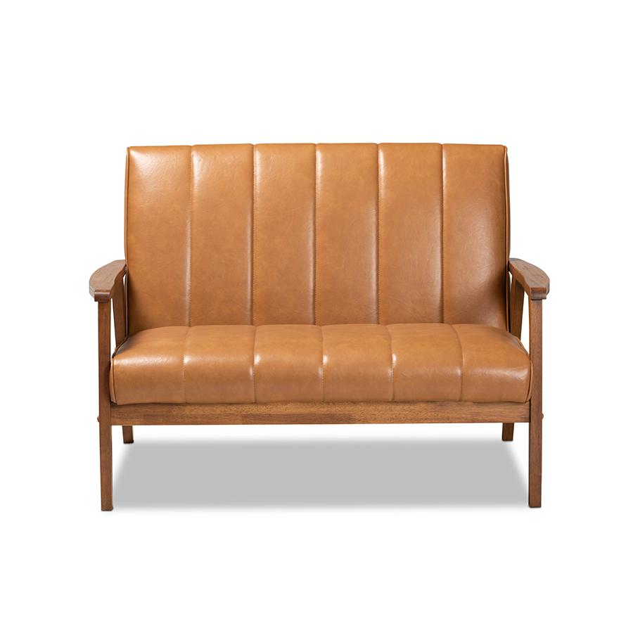 Leather Upholstered and Walnut Brown finished Wood Loveseat. Picture 2